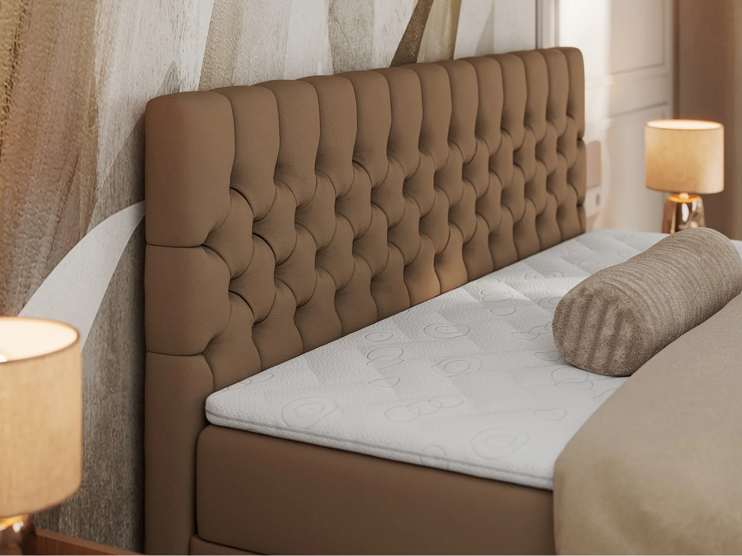 Boxspringbett GRIMALDI mit zwei Bettkästen, gesteppter Kopfstütze, Metallfüßen - 180x200 cm - H4 - Braun Kunstleder