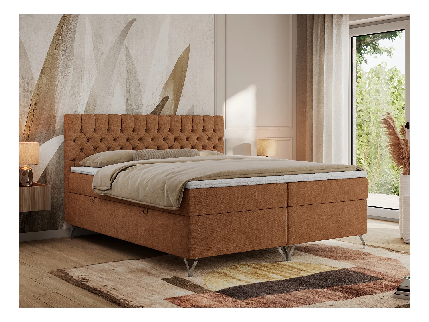 Boxspringbett GRIMALDI mit zwei Bettkästen, gesteppter Kopfstütze, Metallfüßen - 140x200 cm - H4 - Orange Strukture