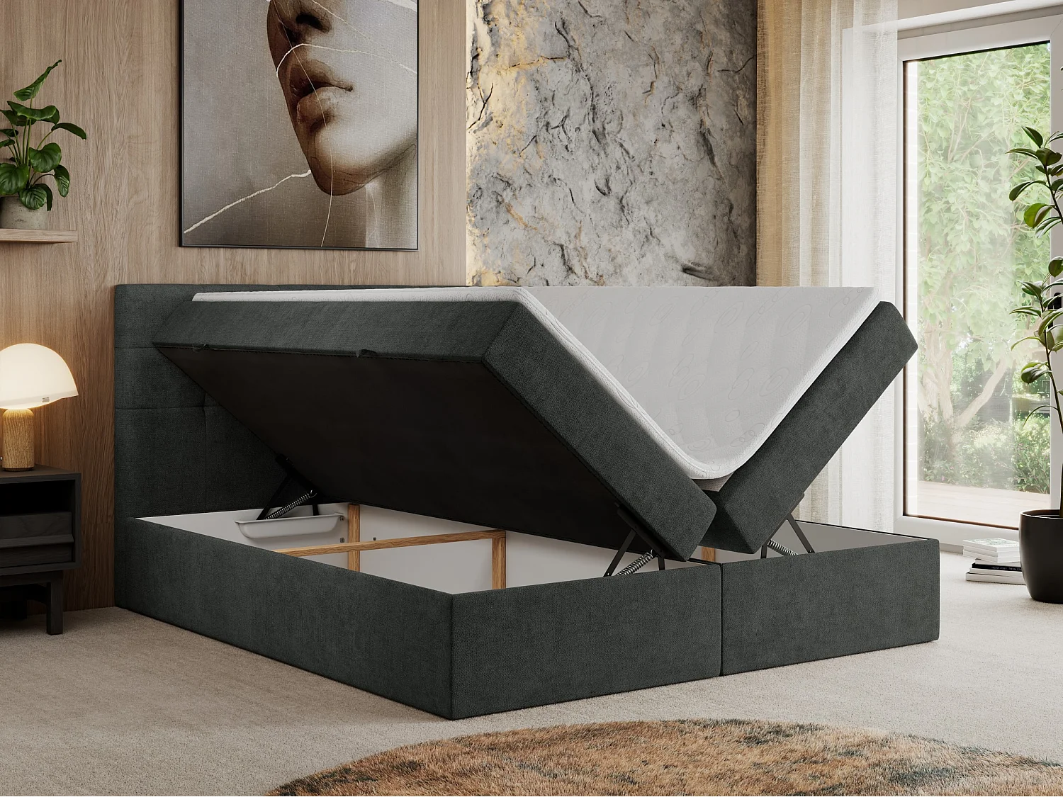 Boxspringbett CENTOS mit gestepptem Kopfteil, Multipocket-Matratze, Doppelbett mit Stauraum - 120x200 cm - H4 - Dunkelgrau Struktur