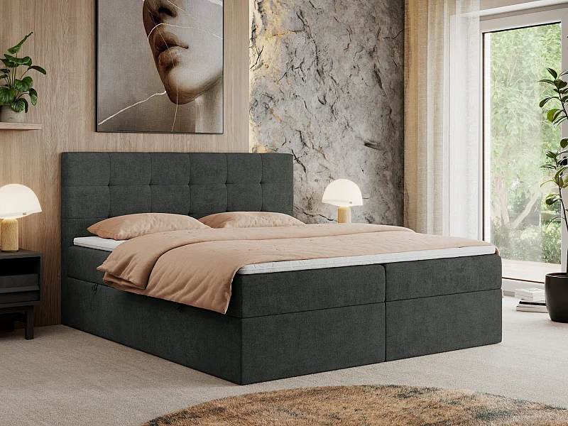 Boxspringbett CENTOS mit gestepptem Kopfteil, Multipocket-Matratze, Doppelbett mit Stauraum - 120x200 cm - H4 - Dunkelgrau Struktur