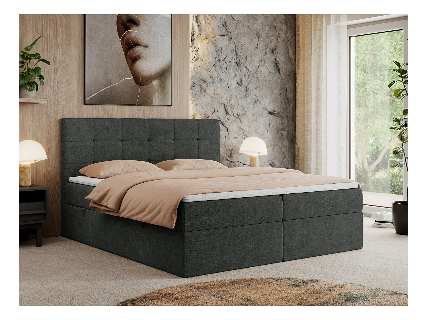 Boxspringbett CENTOS mit gestepptem Kopfteil, Multipocket-Matratze, Doppelbett mit Stauraum - 200x200 cm - H3 - Dunkelgrau Struktur