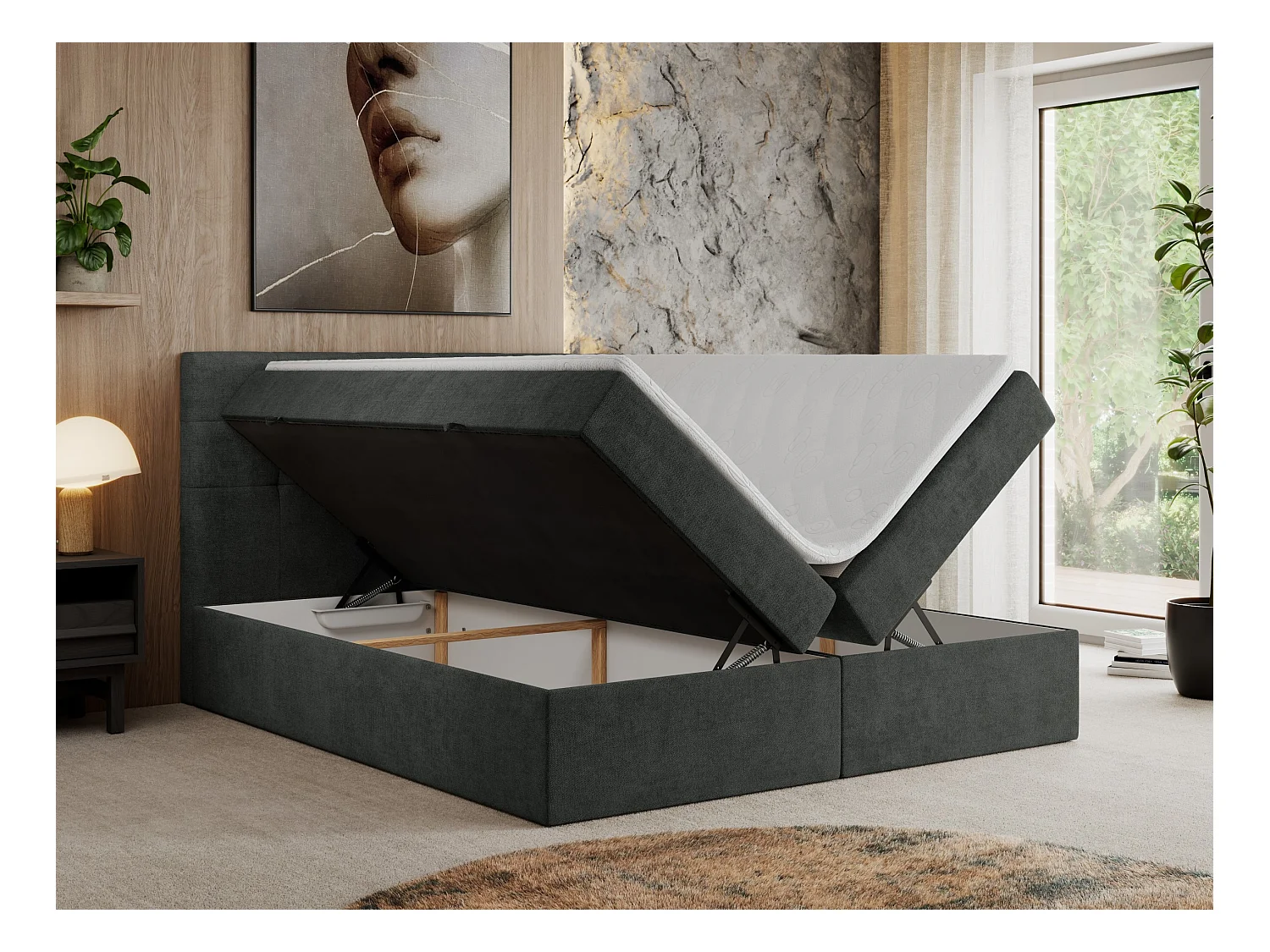 Boxspringbett CENTOS mit gestepptem Kopfteil, Multipocket-Matratze, Doppelbett mit Stauraum - 200x200 cm - H3 - Dunkelgrau Struktur