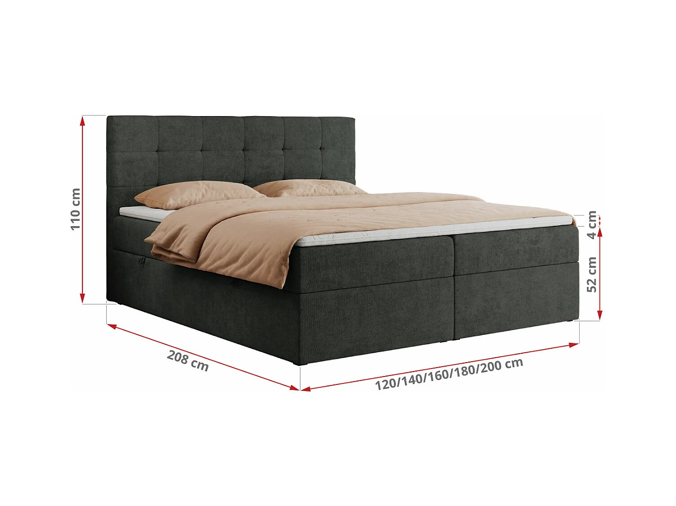 Boxspringbett CENTOS mit gestepptem Kopfteil, Multipocket-Matratze, Doppelbett mit Stauraum - 200x200 cm - H3 - Dunkelgrau Struktur