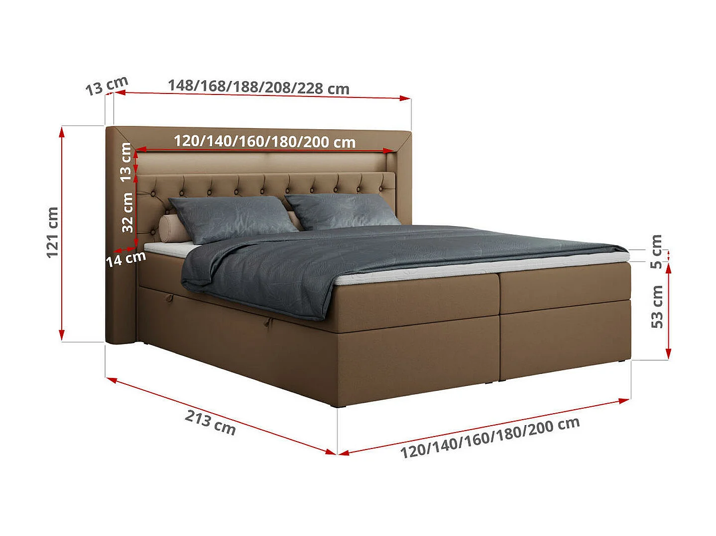 Boxspringbett GOLD 6, Doppelbett mit Stauraum, LED-Beleuchtung, gesteppte Kopfstütze - 120x200 cm - H3 - Braun Kunstleder