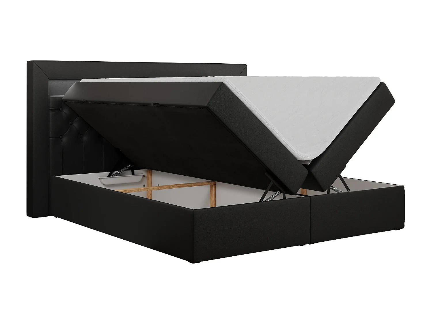 Boxspringbett GOLD 6, Doppelbett mit Stauraum, LED-Beleuchtung, gesteppte Kopfstütze - 160x200 cm - H3 - Schwarz Kunstleder