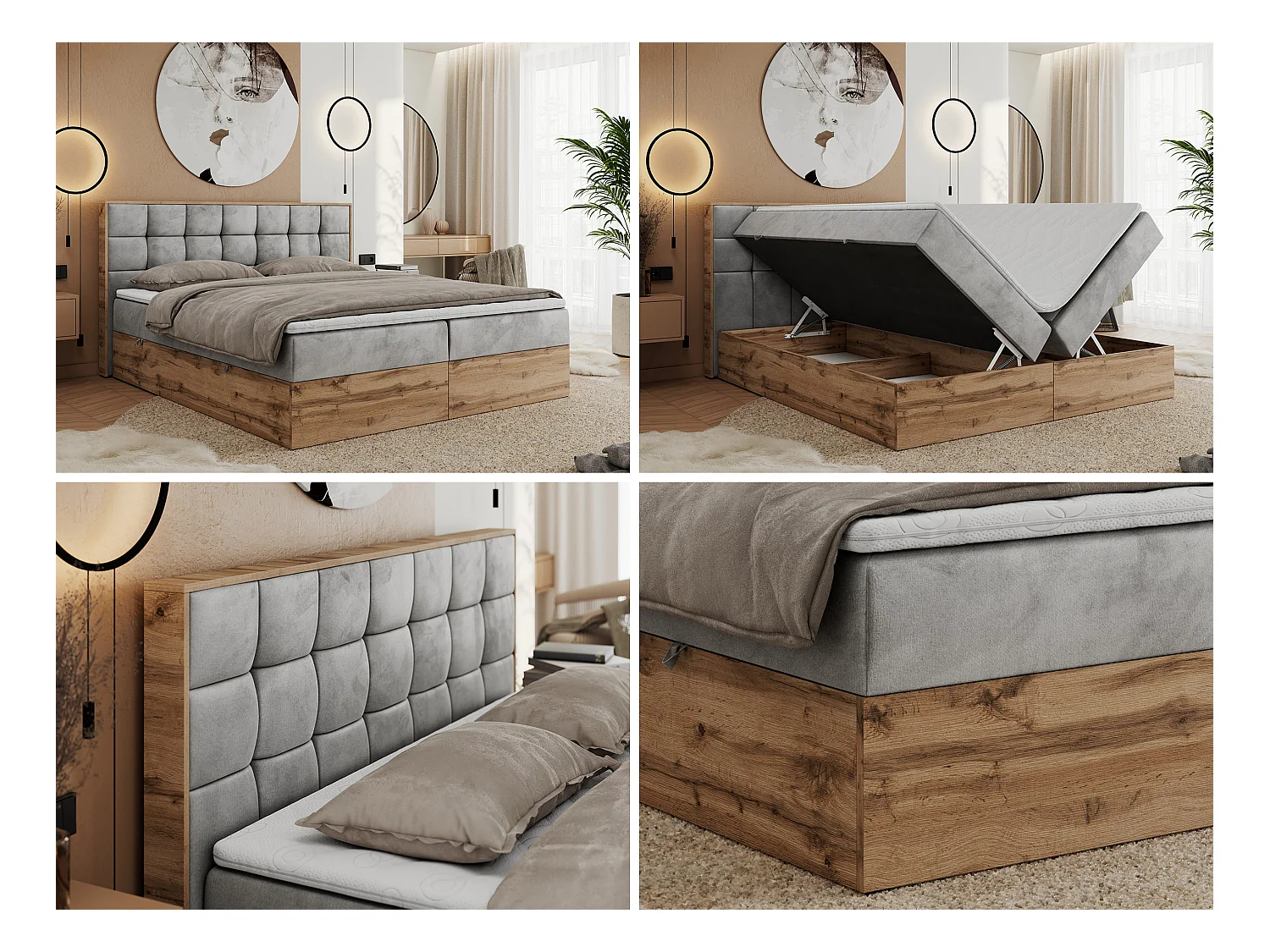 Boxspringbett ALBERO 1, Polsterbett mit gestepptem Kopfteil, Multipocket-Matratze - 160x200 cm - H4 - Hellgrau Velvet