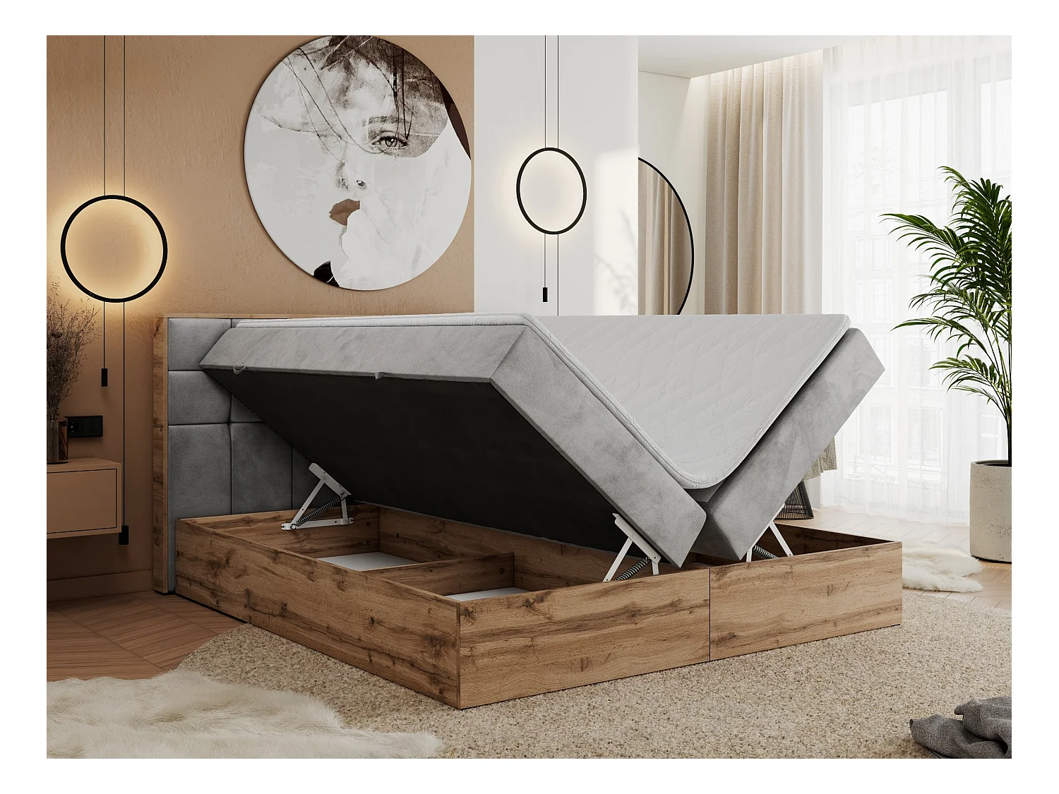Boxspringbett ALBERO 1, Polsterbett mit gestepptem Kopfteil, Multipocket-Matratze - 160x200 cm - H4 - Hellgrau Velvet