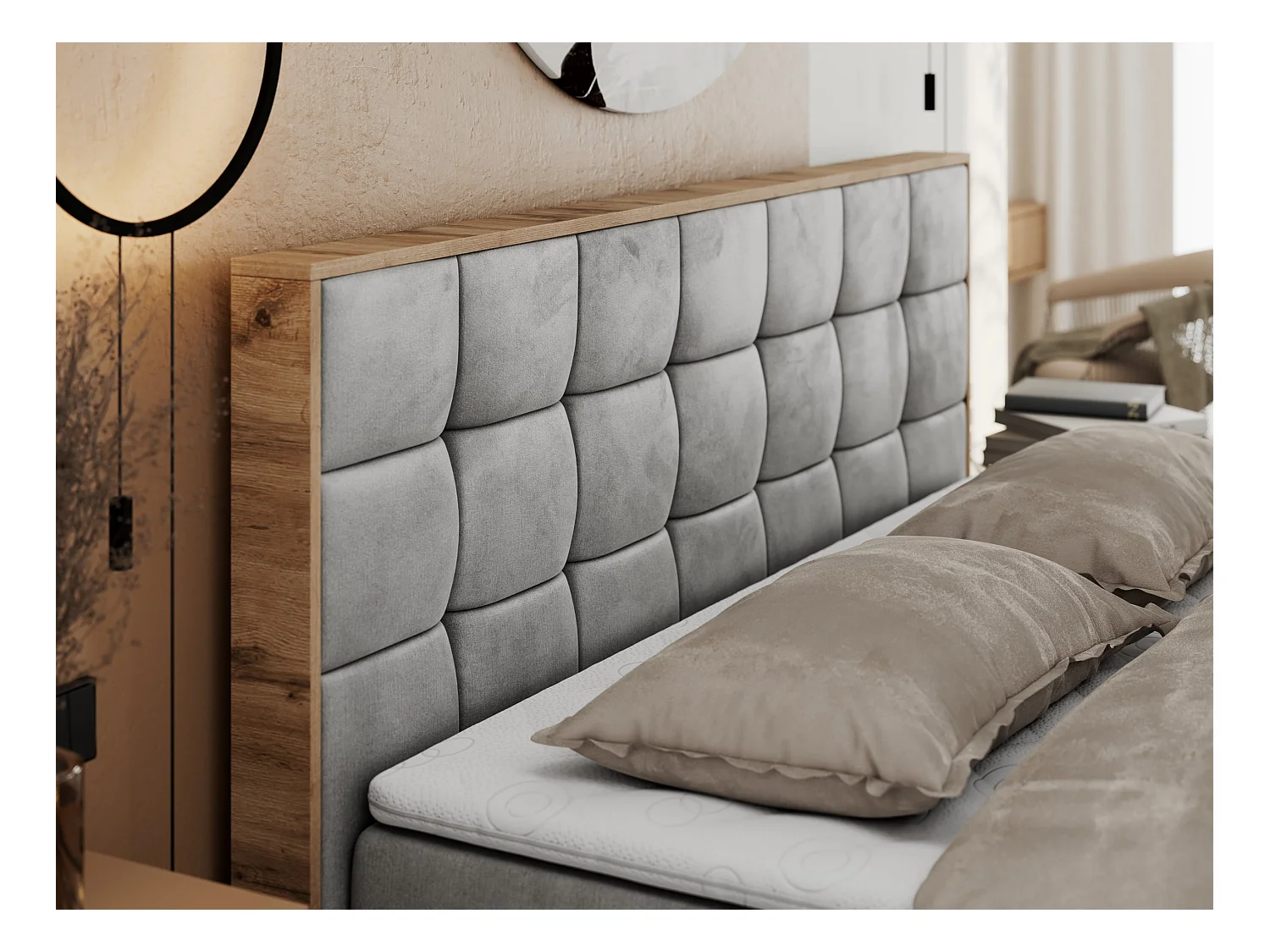 Boxspringbett ALBERO 1, Polsterbett mit gestepptem Kopfteil, Multipocket-Matratze - 160x200 cm - H4 - Hellgrau Velvet
