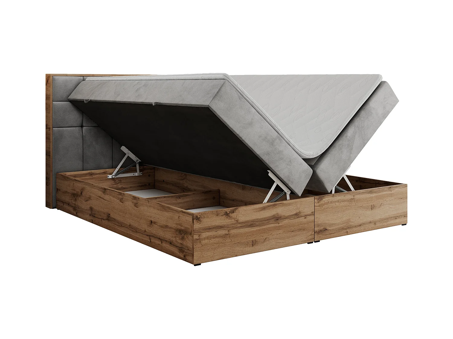 Boxspringbett ALBERO 1, Polsterbett mit gestepptem Kopfteil, Multipocket-Matratze - 160x200 cm - H4 - Hellgrau Velvet
