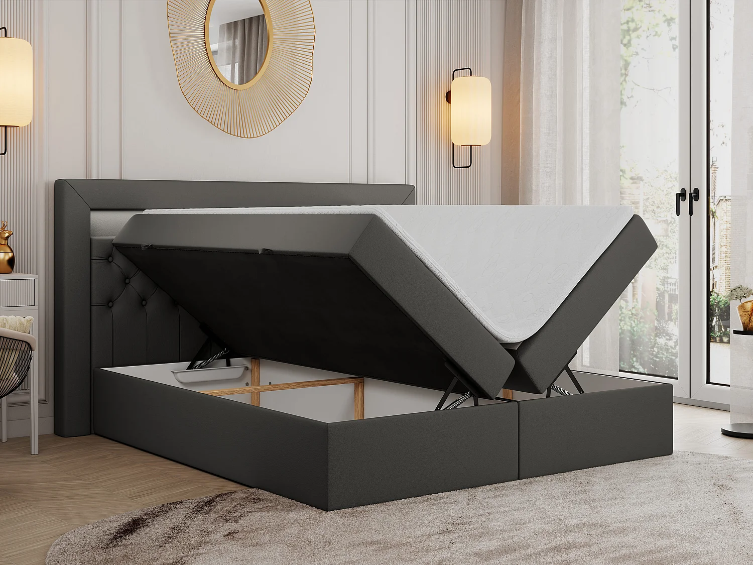 Boxspringbett GOLD 6, Doppelbett mit Stauraum, LED-Beleuchtung, gesteppte Kopfstütze - 200x200 cm - H3 - Dunkelgrau Kunstleder