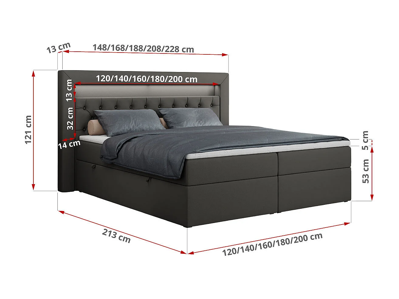 Boxspringbett GOLD 6, Doppelbett mit Stauraum, LED-Beleuchtung, gesteppte Kopfstütze - 200x200 cm - H3 - Dunkelgrau Kunstleder