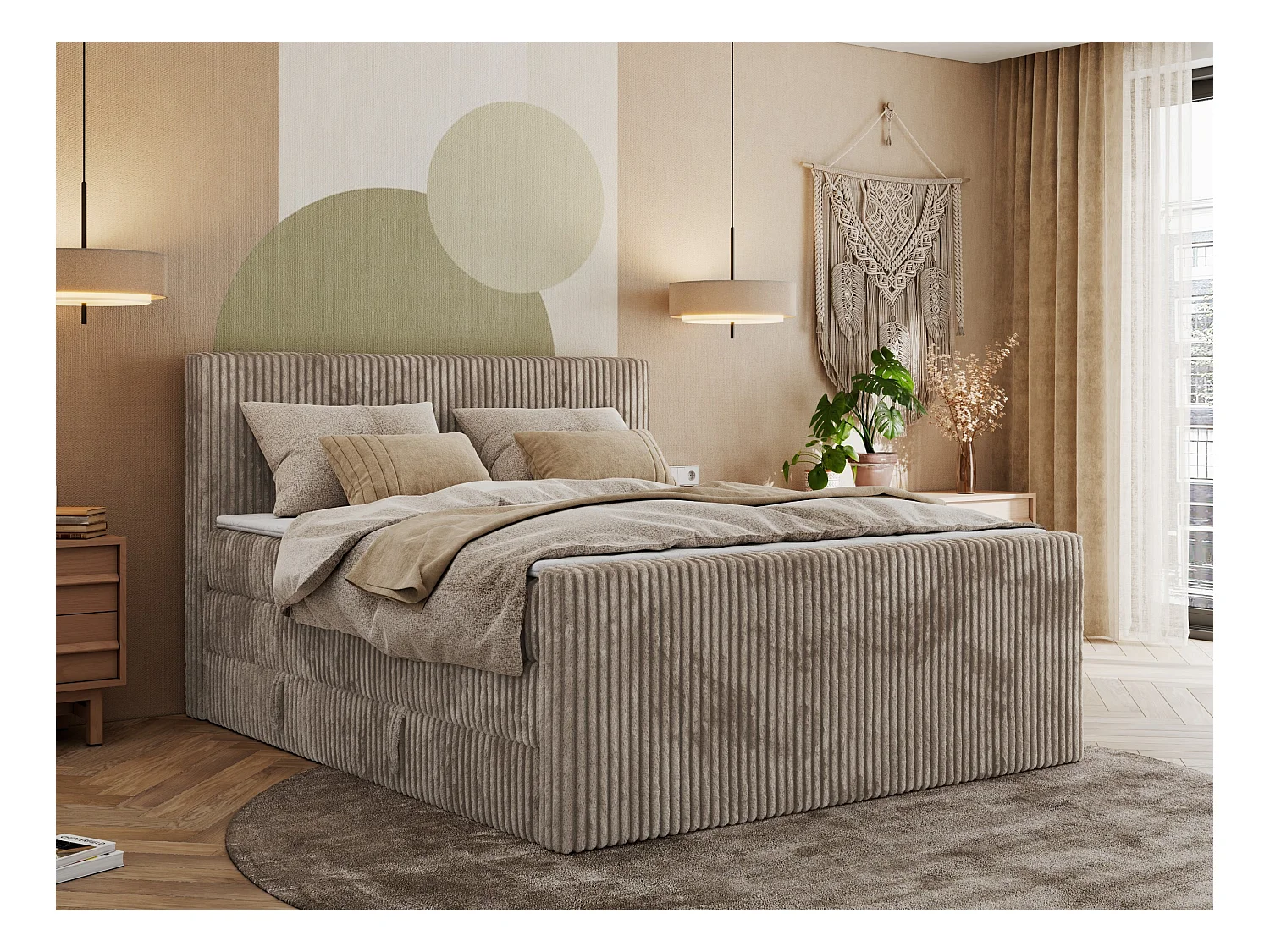 Boxspringbett TILIANO KING DUO, mit zwei Bettkästen, Cord Bett Multipocket-Matratze - 200x200 cm - H4 - Hellbraun Cord