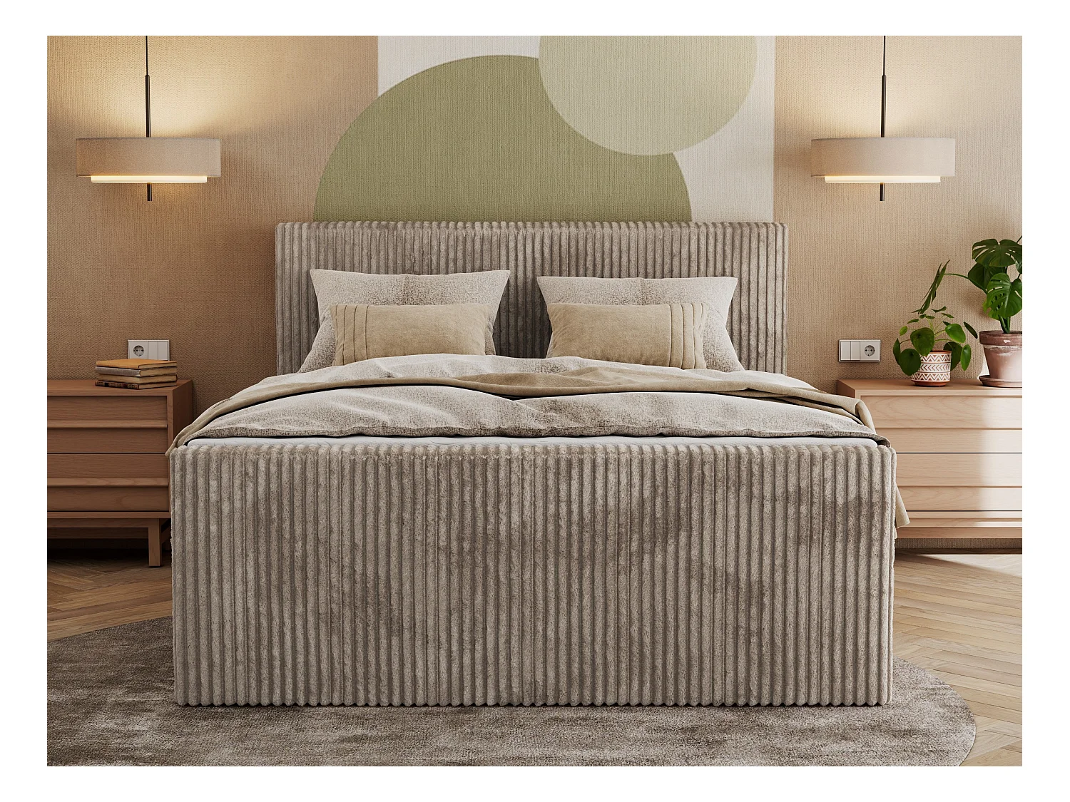 Boxspringbett TILIANO KING DUO, mit zwei Bettkästen, Cord Bett Multipocket-Matratze - 200x200 cm - H4 - Hellbraun Cord