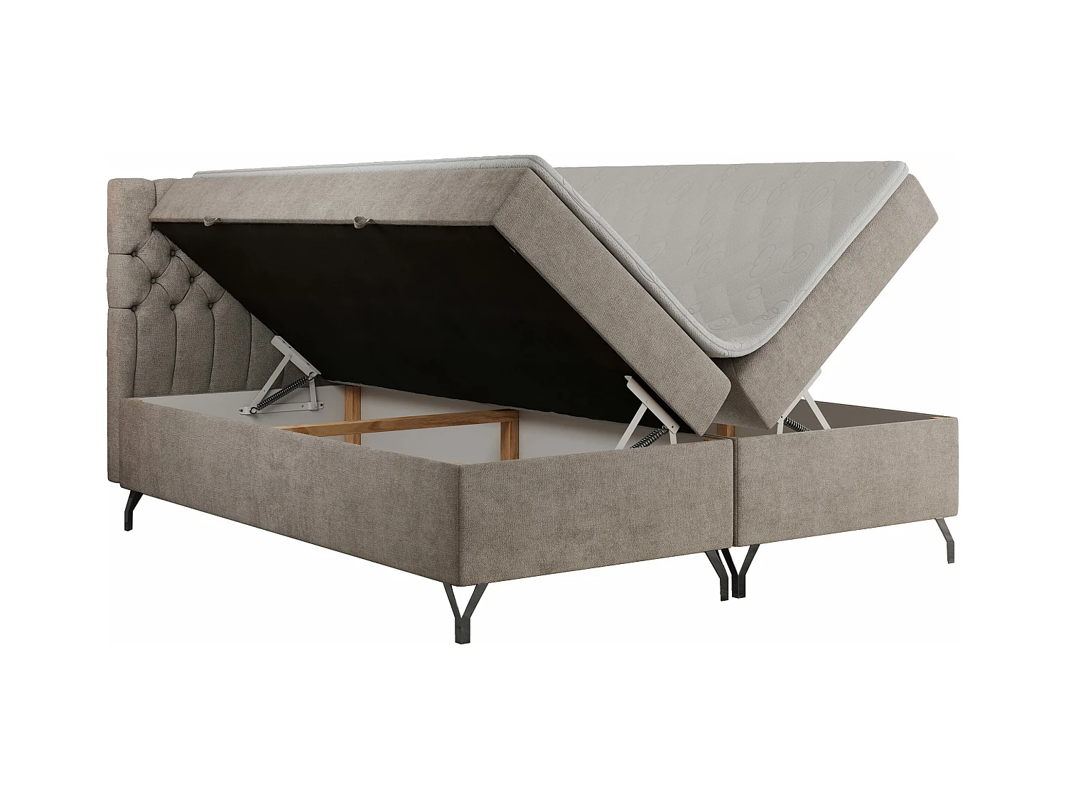 Boxspringbett GRIMALDI mit zwei Bettkästen, gesteppter Kopfstütze, Metallfüßen - 140x200 cm - H4 - Beige Strukture