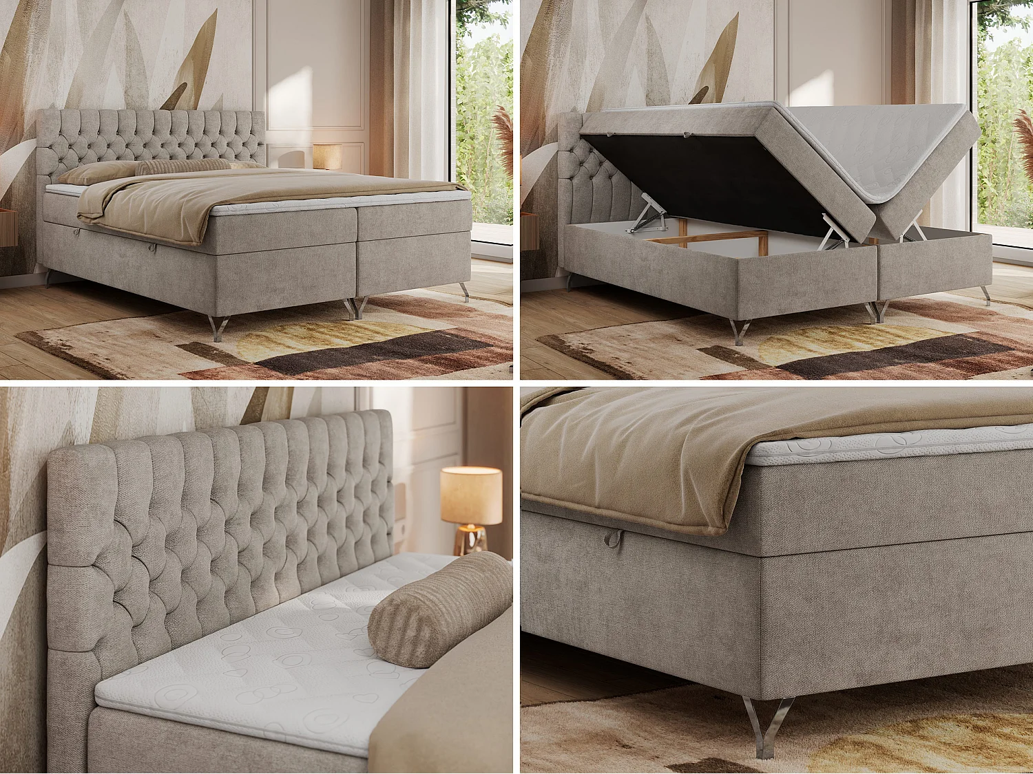 Boxspringbett GRIMALDI mit zwei Bettkästen, gesteppter Kopfstütze, Metallfüßen - 140x200 cm - H4 - Beige Strukture