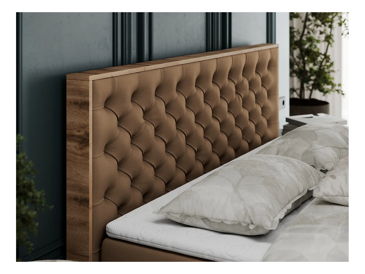 Boxspringbett ALBERO 3 - gesteppte Kopfstütze, Eiche Wotan Holzrahmen, Stauraum - 140x200 cm - H4 - Braun Kunstleder