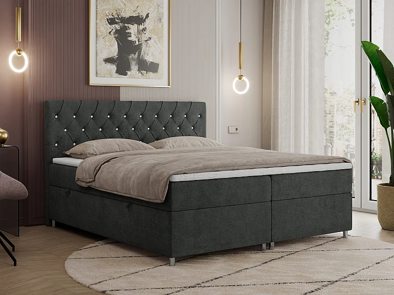 Boxspringbett ROMA mit gestepptem Kopfteil, Multipocket-Matratze, dekorative Füße - 200x200 cm - H3 - Hellgrau Strukture