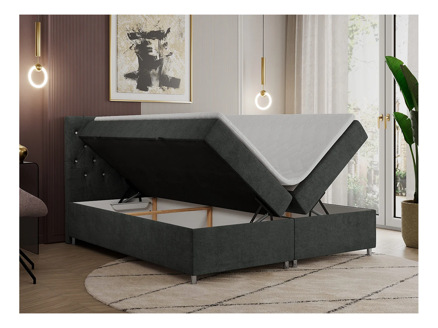 Boxspringbett ROMA mit gestepptem Kopfteil, Multipocket-Matratze, dekorative Füße - 200x200 cm - H3 - Hellgrau Strukture