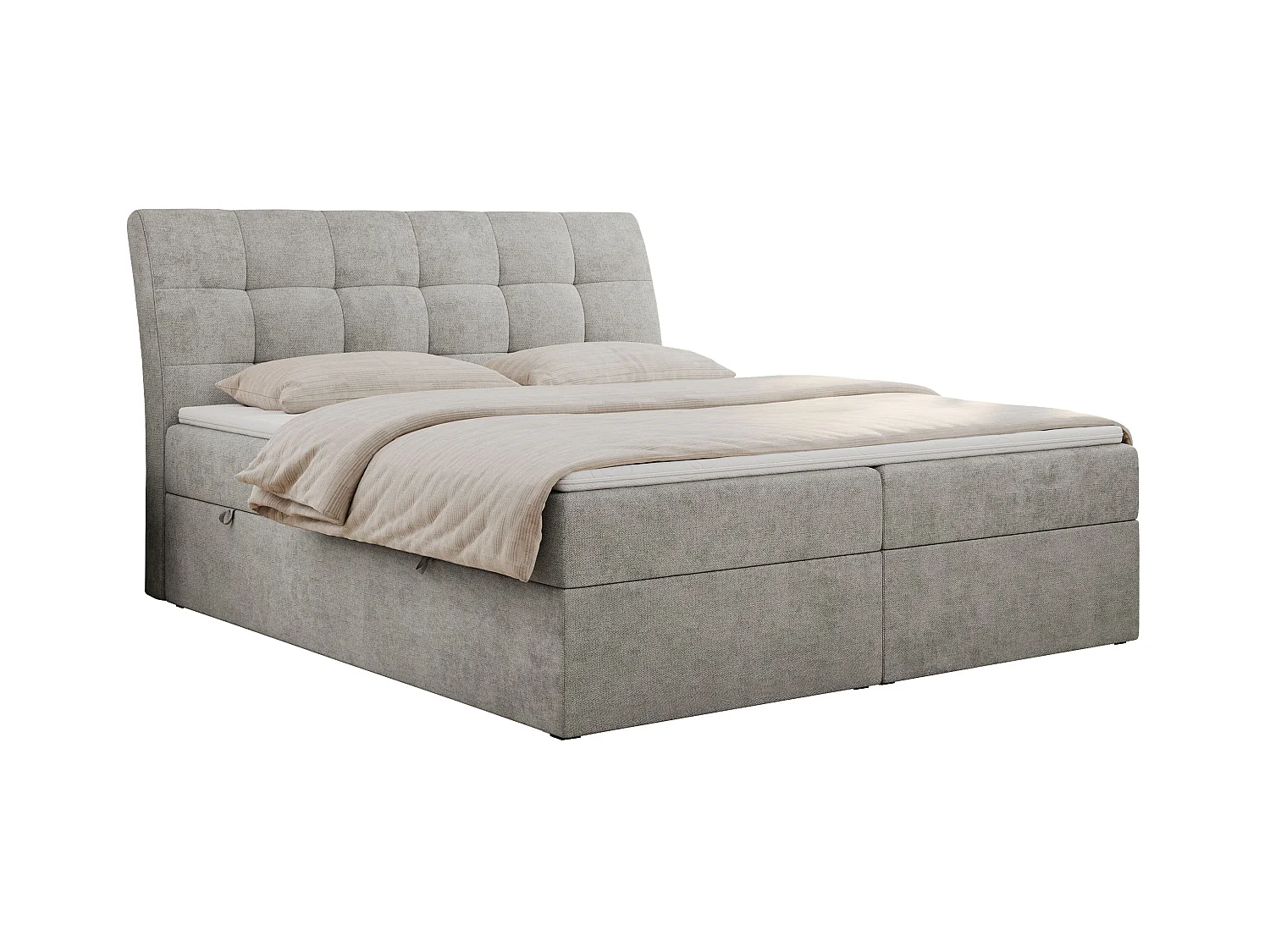 Boxspringbett DIEGOS mit Stauraum, gestepptem Kopfteil, Multipocket-Matratze - 140x200 cm - H4 - Hellgrau Strukture
