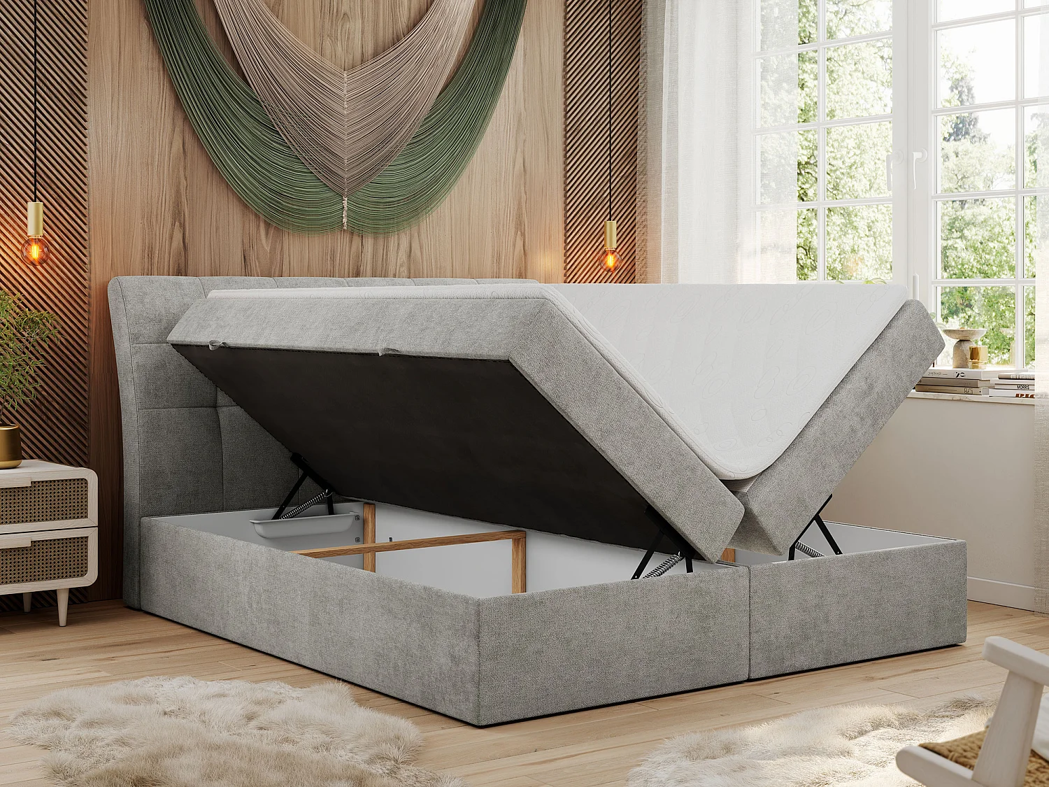 Boxspringbett DIEGOS mit Stauraum, gestepptem Kopfteil, Multipocket-Matratze - 140x200 cm - H4 - Hellgrau Strukture