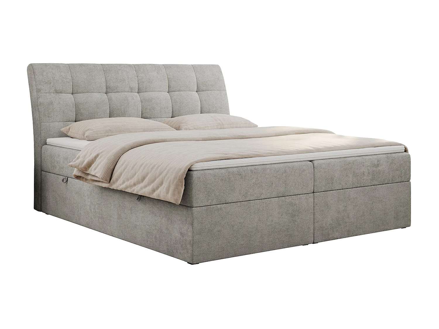 Boxspringbett DIEGOS mit Stauraum, gestepptem Kopfteil, Multipocket-Matratze - 140x200 cm - H4 - Hellgrau Strukture