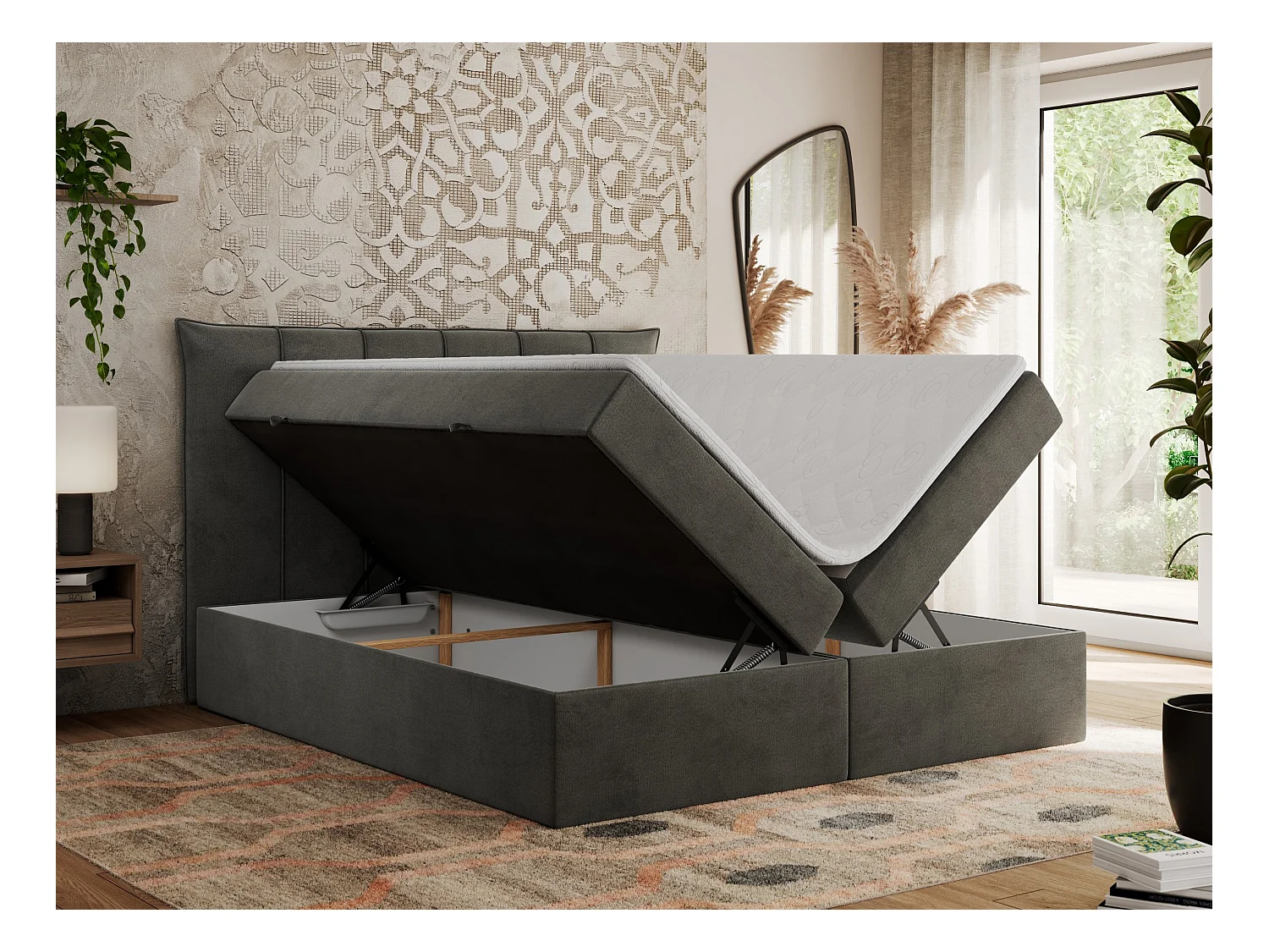 Boxspringbett PREMIUM 10 mit Multipocket-Matratze, gesteppte Kopfstütze, zwei Bettkästen - 140x200 cm - H4 - Dunkelgrau Velvet