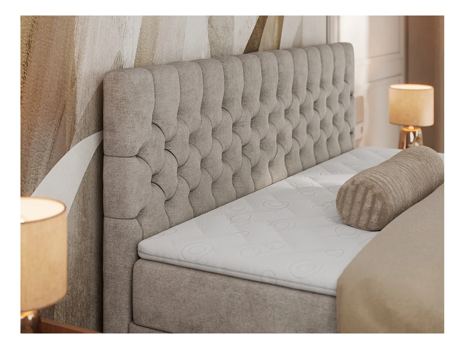Boxspringbett GRIMALDI mit zwei Bettkästen, gesteppter Kopfstütze, Metallfüßen - 120x200 cm - H4 - Beige Strukture