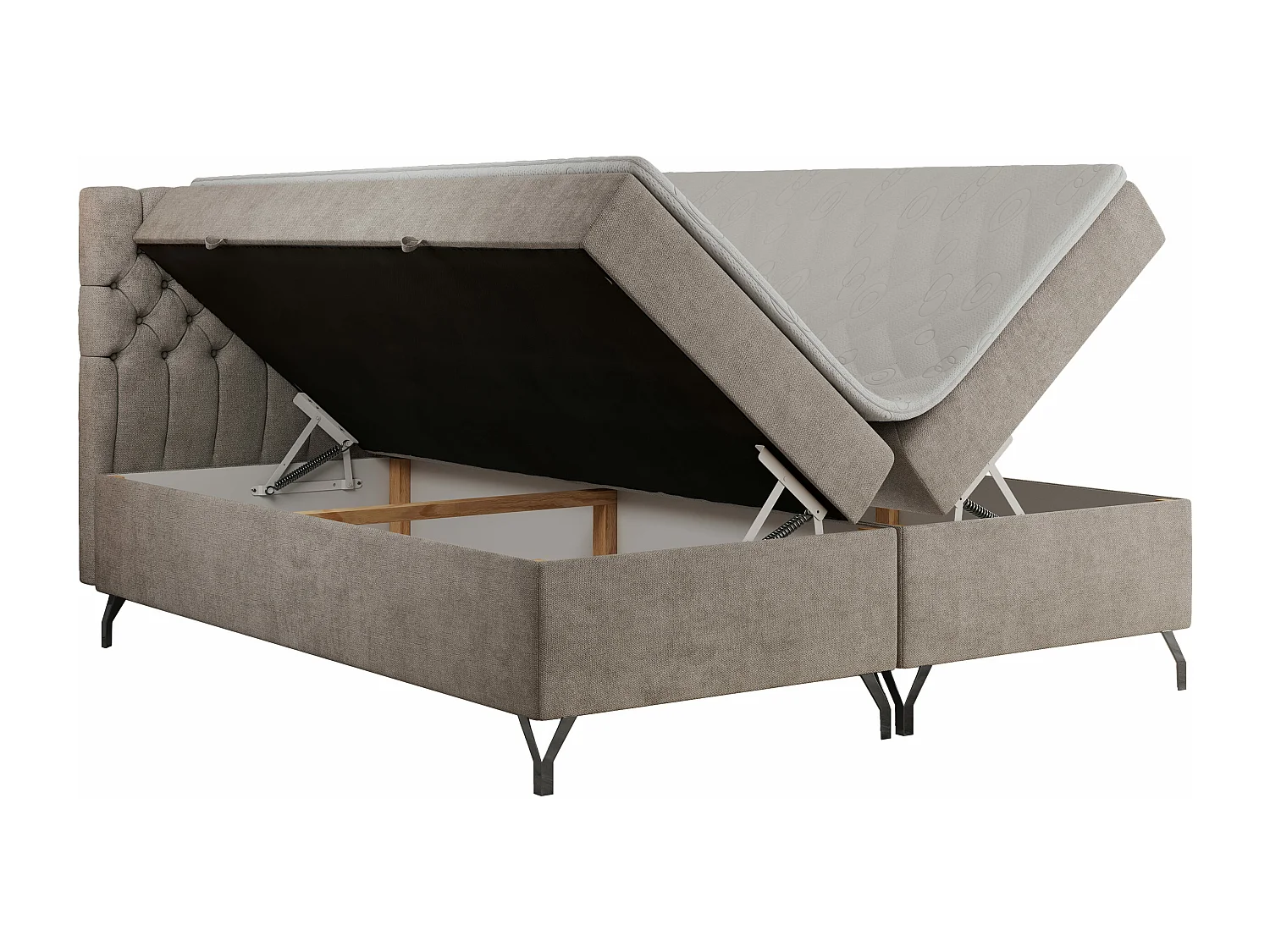 Boxspringbett GRIMALDI mit zwei Bettkästen, gesteppter Kopfstütze, Metallfüßen - 120x200 cm - H4 - Beige Strukture