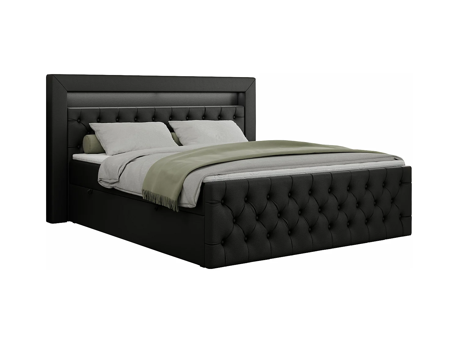 Boxspringbett GOLD 9 mit Stauraum, Multipocket-Matratze, gestepptes Bett, LED Beleuchtung - 140x200 cm - H3 - Schwarz Kunstleder