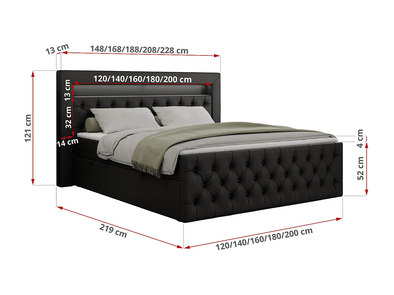 Boxspringbett GOLD 9 mit Stauraum, Multipocket-Matratze, gestepptes Bett, LED Beleuchtung - 140x200 cm - H3 - Schwarz Kunstleder