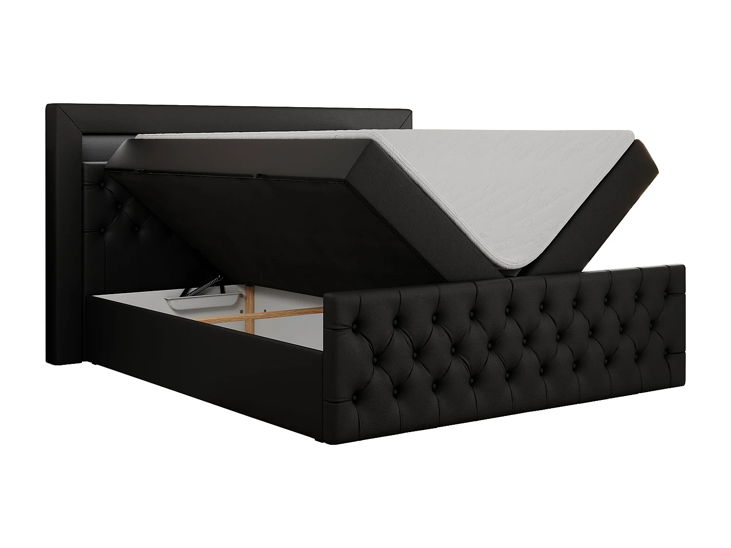 Boxspringbett GOLD 9 mit Stauraum, Multipocket-Matratze, gestepptes Bett, LED Beleuchtung - 140x200 cm - H3 - Schwarz Kunstleder