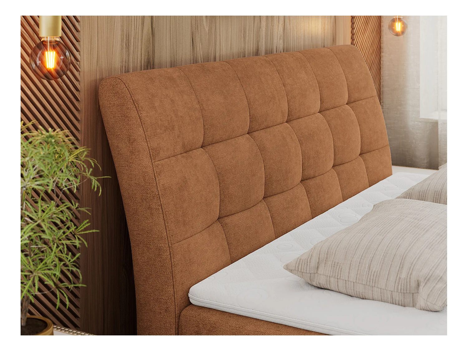 Boxspringbett DIEGOS mit Stauraum, gestepptem Kopfteil, Multipocket-Matratze - 200x200 cm - H4 - Orange Strukture