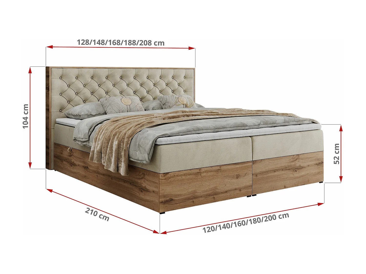 Boxspringbett ALBERO 3 - gesteppte Kopfstütze, Eiche Wotan Holzrahmen, Stauraum - 120x200 cm - H3 - Beige Velvet