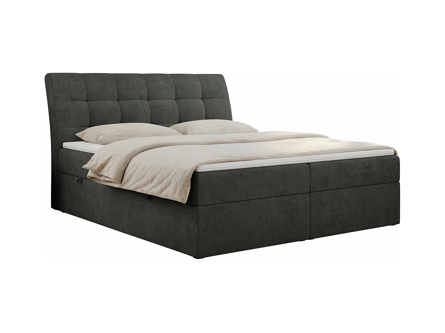 Boxspringbett DIEGOS mit Stauraum, gestepptem Kopfteil, Multipocket-Matratze - 200x200 cm - H3 - Dunkelgrau Strukture