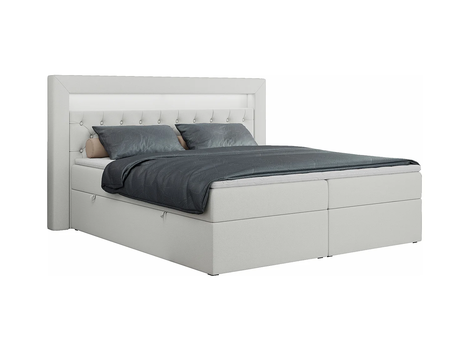 Boxspringbett GOLD 6, Doppelbett mit Stauraum, LED-Beleuchtung, gesteppte Kopfstütze - 160x200 cm - H3 - Weiß Kunstleder