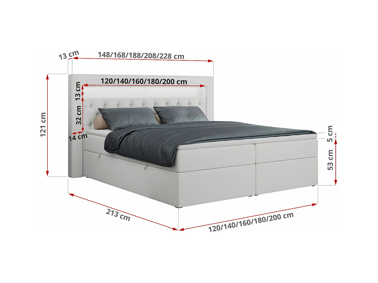 Boxspringbett GOLD 6, Doppelbett mit Stauraum, LED-Beleuchtung, gesteppte Kopfstütze - 160x200 cm - H3 - Weiß Kunstleder
