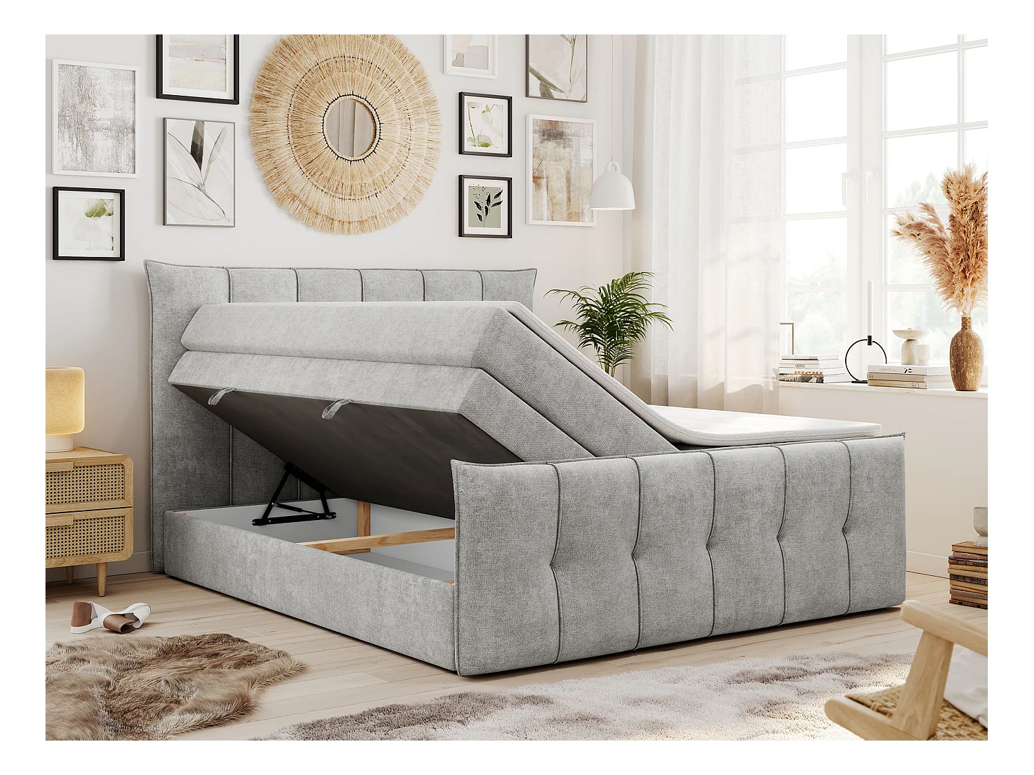 Boxspringbett PREMIUM 11 KING mit Stauraum, gestepptes Kopfteil, zwei Multipocket-Matratzen - 120x200 cm - H3 - Hellgrau Strukture