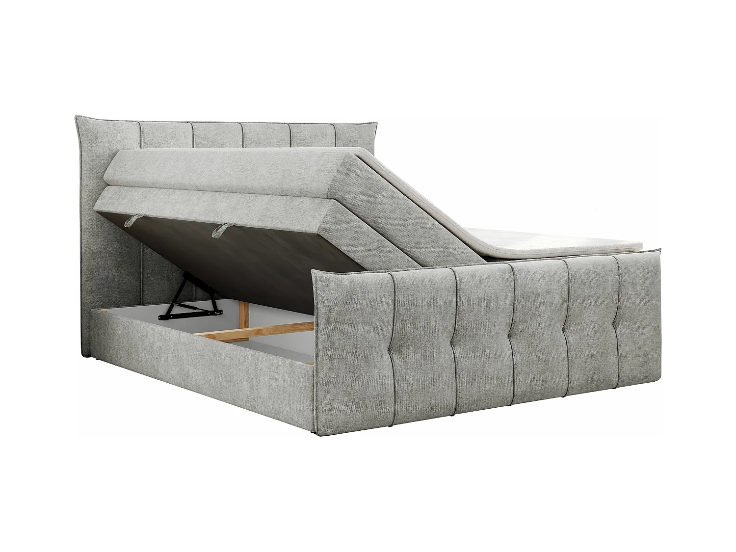 Boxspringbett PREMIUM 11 KING mit Stauraum, gestepptes Kopfteil, zwei Multipocket-Matratzen - 120x200 cm - H3 - Hellgrau Strukture