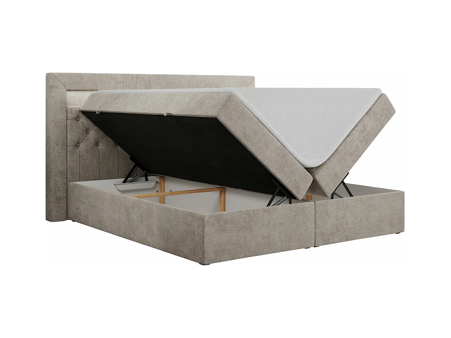 Boxspringbett GOLD 6, Doppelbett mit Stauraum, LED-Beleuchtung, gesteppte Kopfstütze - 120x200 cm - H4 - Beige Strukture