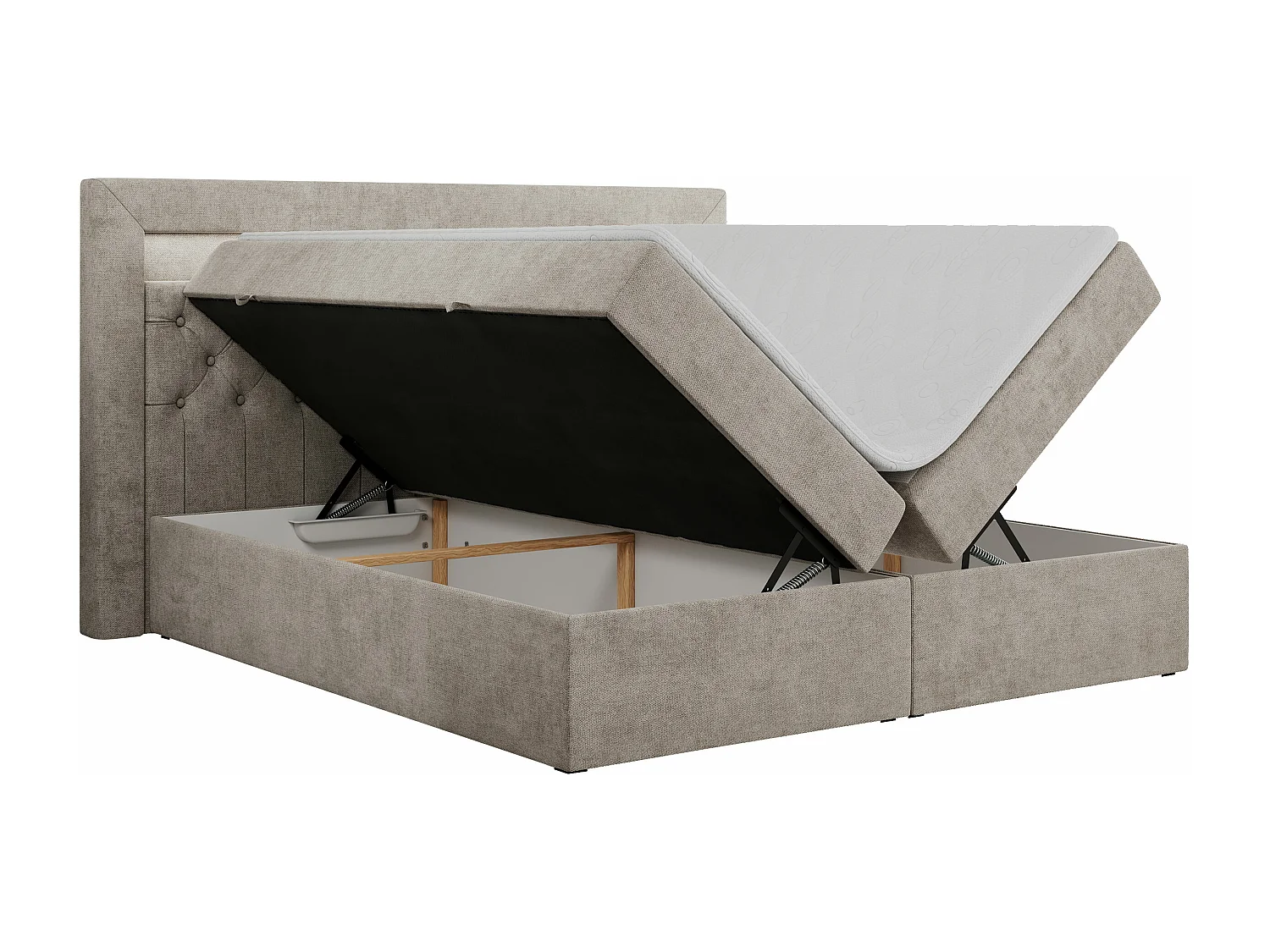 Boxspringbett GOLD 6, Doppelbett mit Stauraum, LED-Beleuchtung, gesteppte Kopfstütze - 120x200 cm - H4 - Beige Strukture