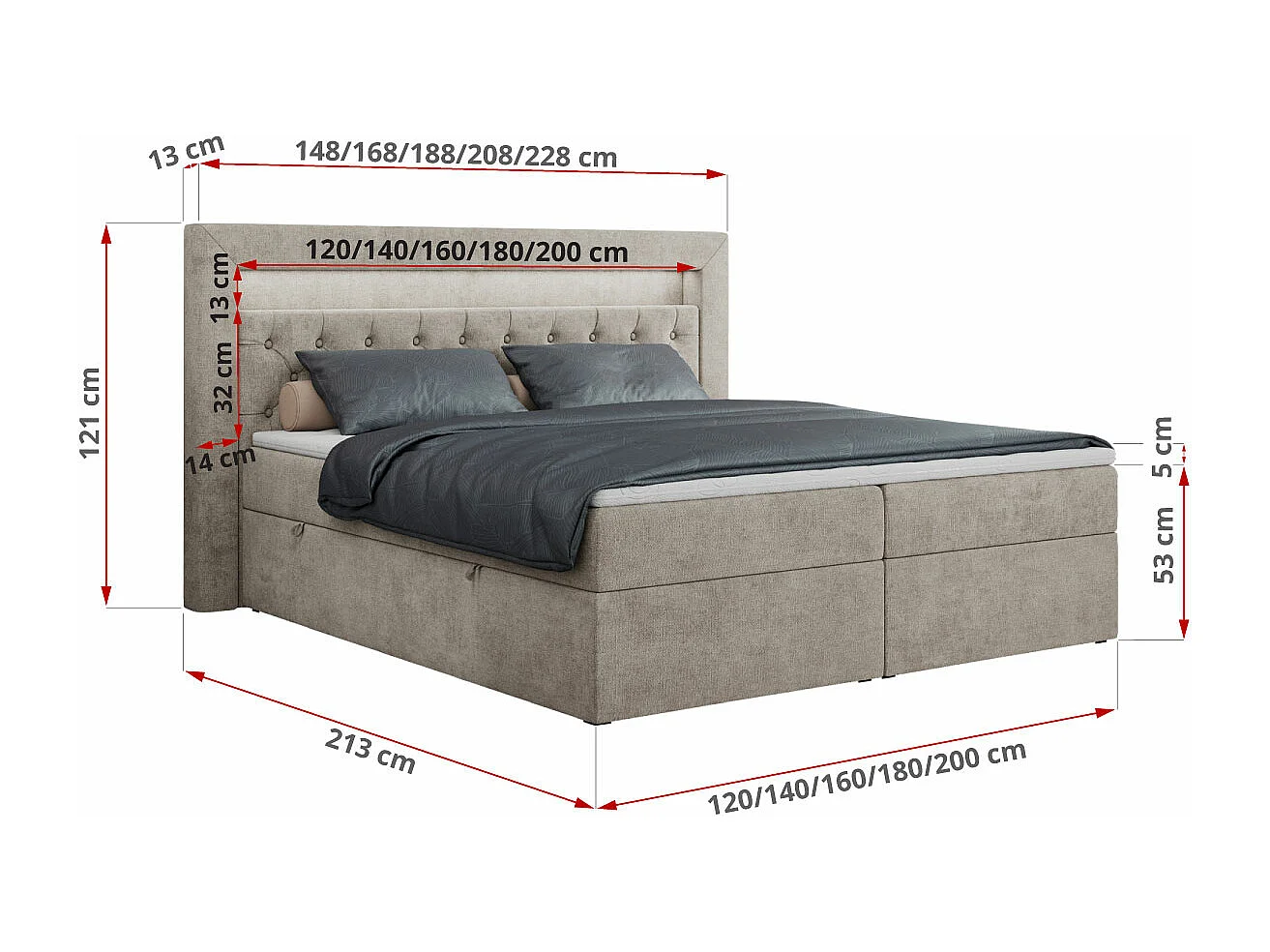 Boxspringbett GOLD 6, Doppelbett mit Stauraum, LED-Beleuchtung, gesteppte Kopfstütze - 120x200 cm - H4 - Beige Strukture