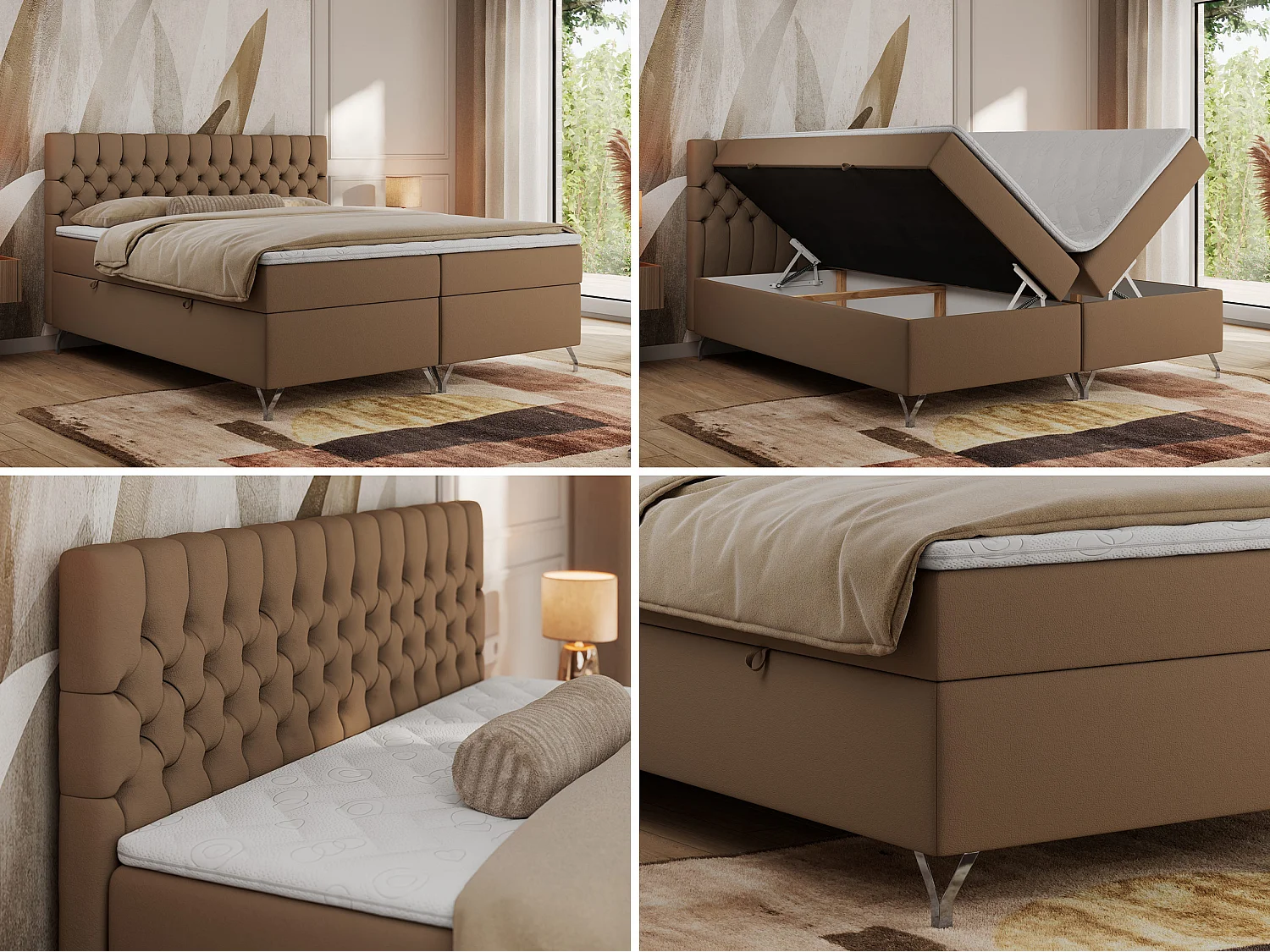 Boxspringbett GRIMALDI mit zwei Bettkästen, gesteppter Kopfstütze, Metallfüßen - 180x200 cm - H3 - Braun Kunstleder