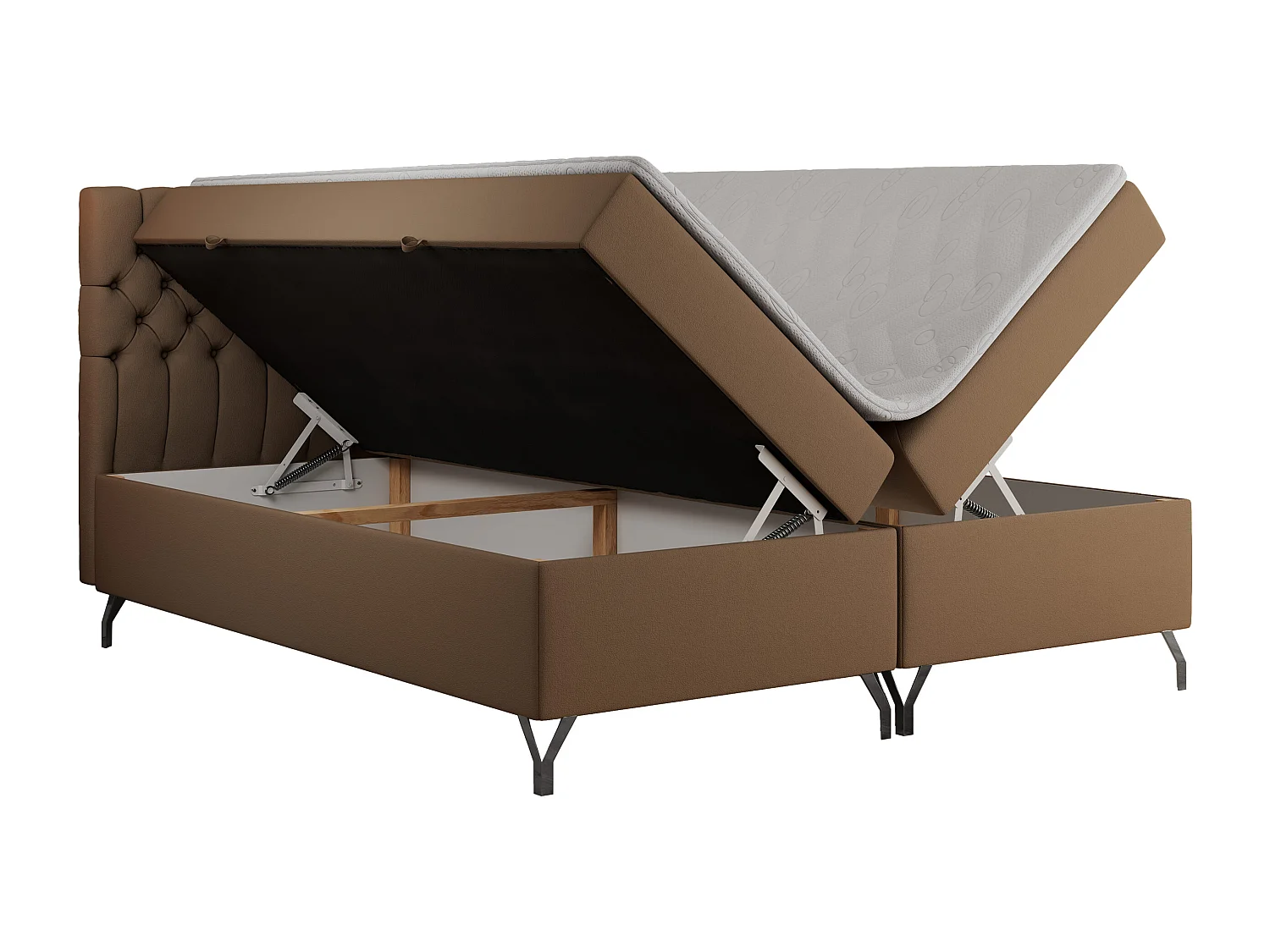 Boxspringbett GRIMALDI mit zwei Bettkästen, gesteppter Kopfstütze, Metallfüßen - 180x200 cm - H3 - Braun Kunstleder