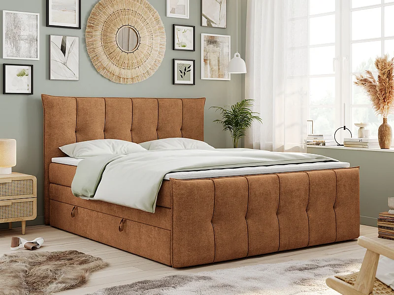 Boxspringbett PREMIUM 11 KING mit Stauraum, gestepptes Kopfteil, zwei Multipocket-Matratzen - 180x200 cm - H3 - Orange Strukture