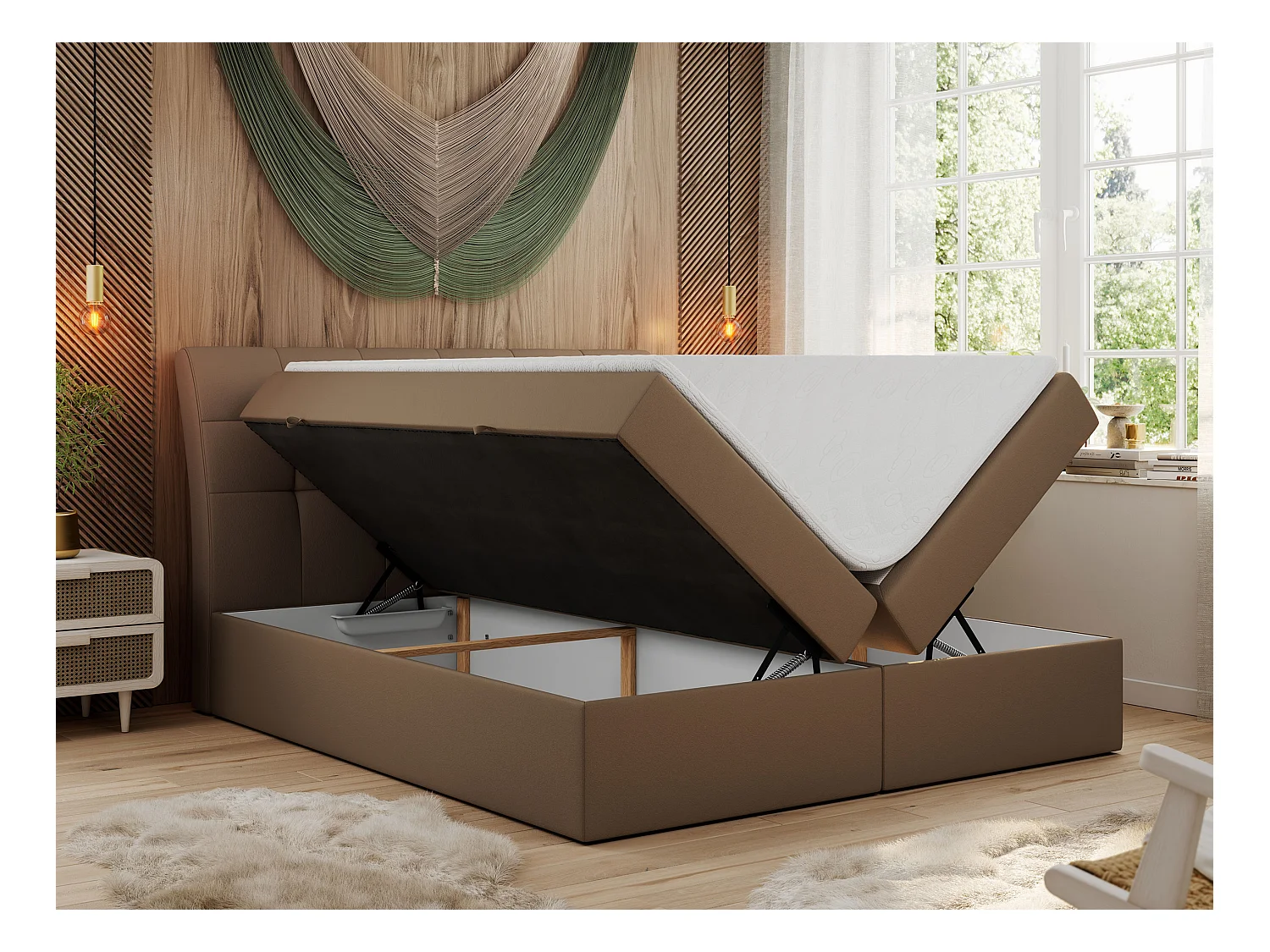 Boxspringbett DIEGOS mit Stauraum, gestepptem Kopfteil, Multipocket-Matratze - 180x200 cm - H4 - Braun Kunstleder