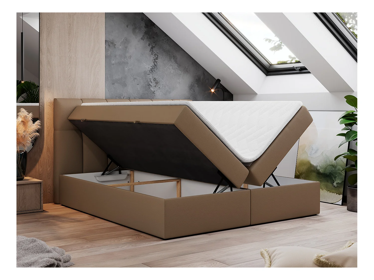 Boxspringbett RICO, Doppelbett mit Matratze, zwei Bettkästen, Bett mit Kopfteil - 140x200 cm - H4 - Braun Kunstleder