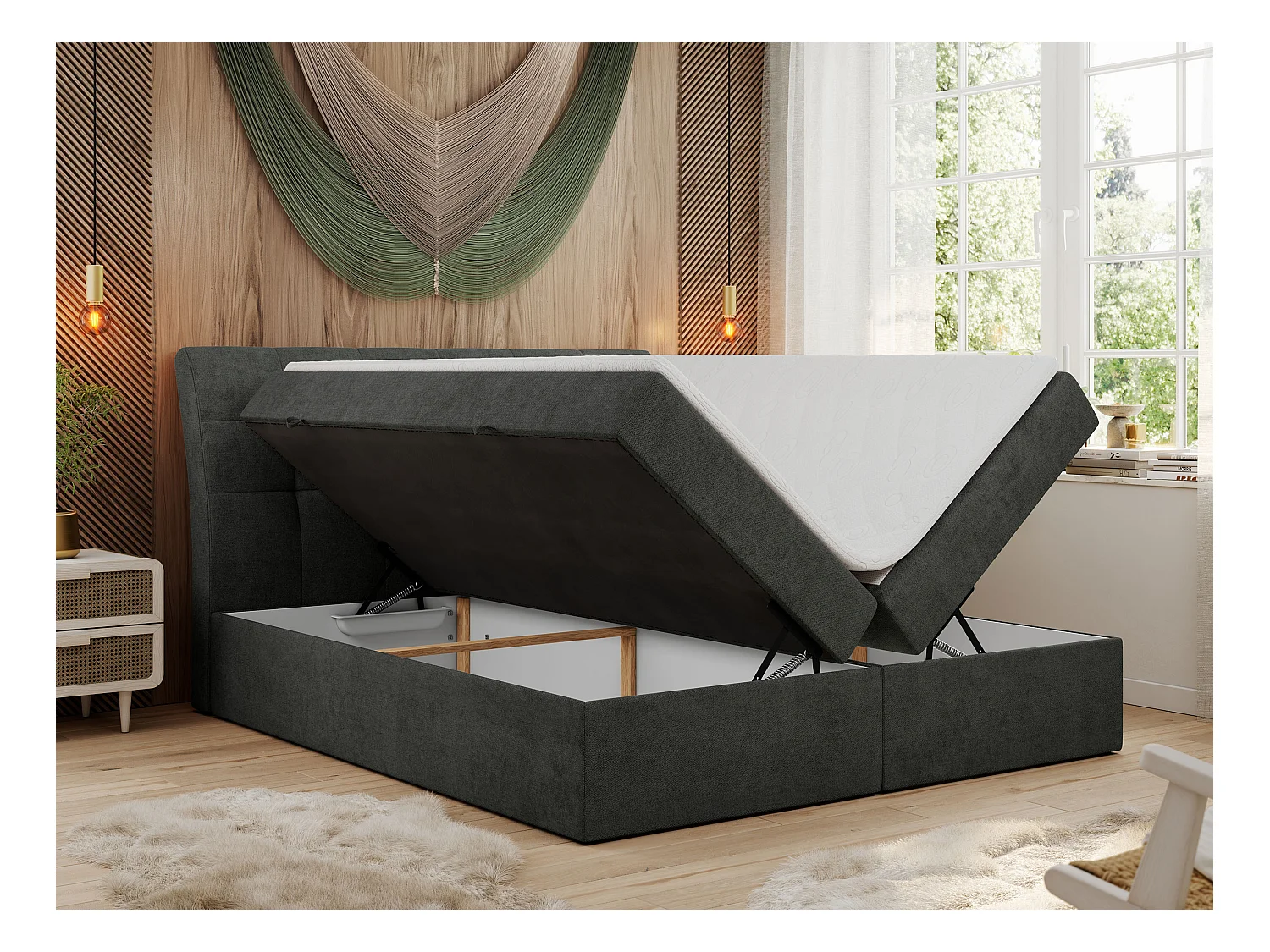 Boxspringbett DIEGOS mit Stauraum, gestepptem Kopfteil, Multipocket-Matratze - 160x200 cm - H4 - Dunkelgrau Strukture