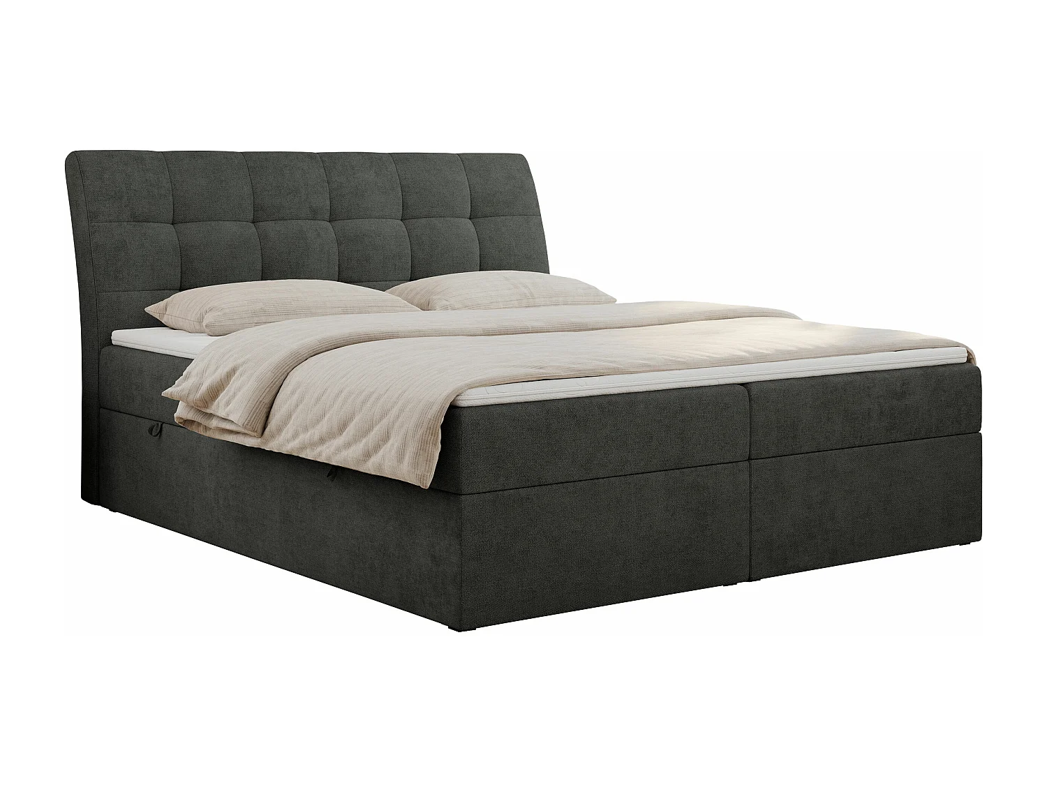 Boxspringbett DIEGOS mit Stauraum, gestepptem Kopfteil, Multipocket-Matratze - 160x200 cm - H4 - Dunkelgrau Strukture