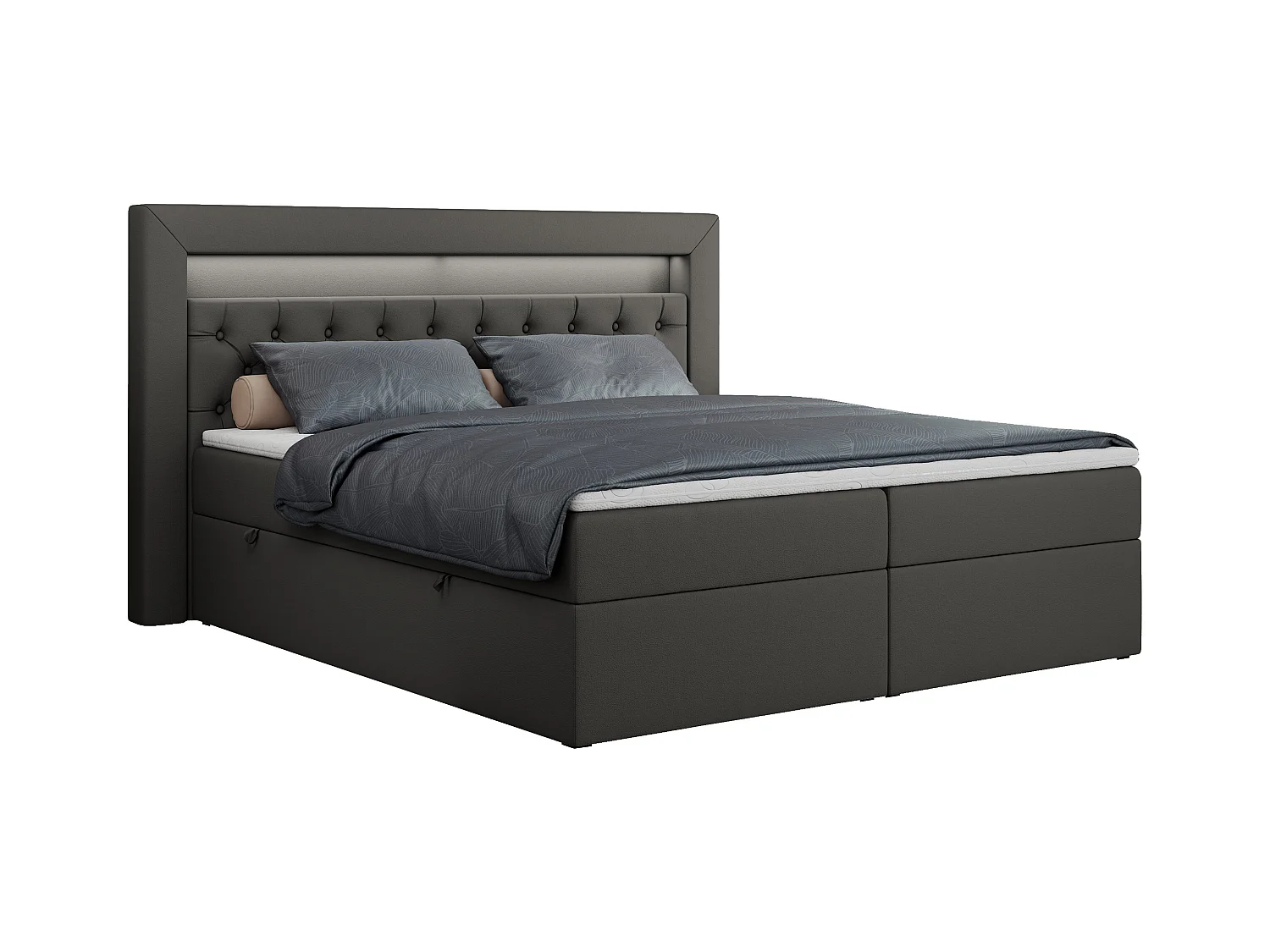 Boxspringbett GOLD 6, Doppelbett mit Stauraum, LED-Beleuchtung, gesteppte Kopfstütze - 180x200 cm - H3 - Dunkelgrau Kunstleder