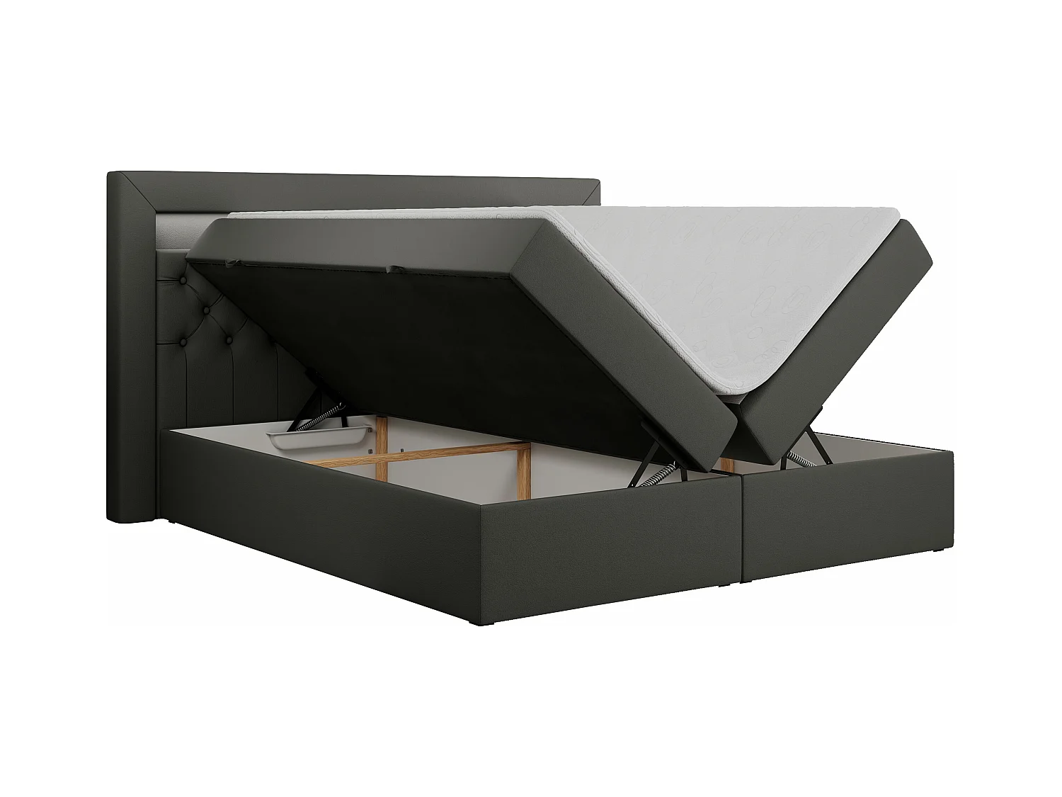 Boxspringbett GOLD 6, Doppelbett mit Stauraum, LED-Beleuchtung, gesteppte Kopfstütze - 180x200 cm - H3 - Dunkelgrau Kunstleder